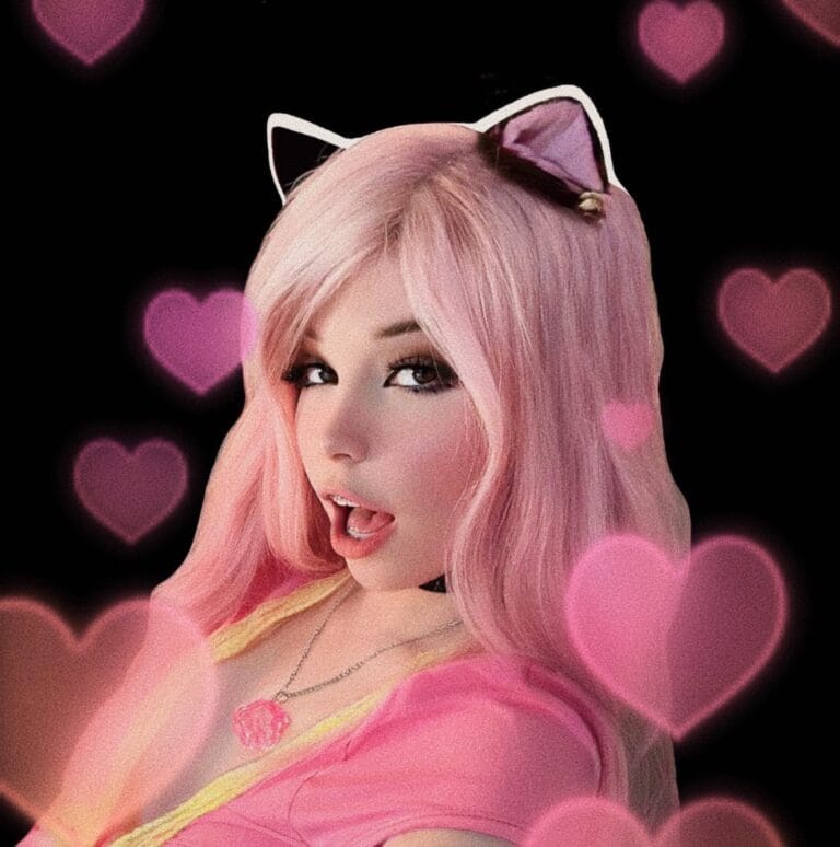 Person with pastel pink hair wearing a white cat-ear headband against a dark pink heart background.