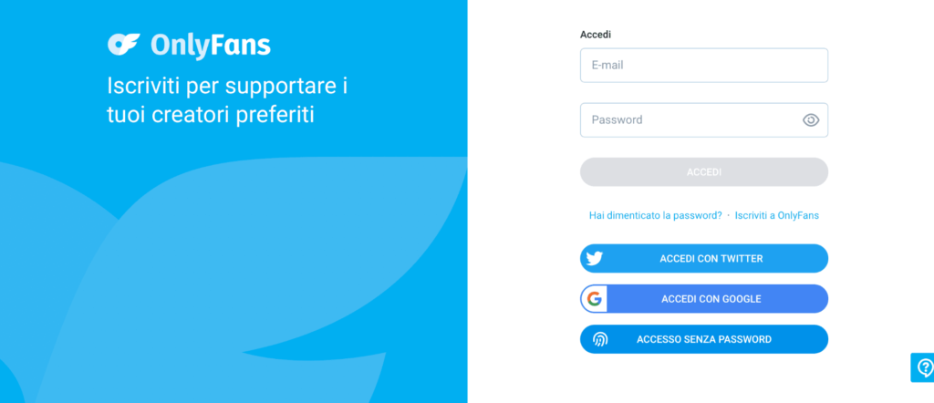 Homepage OnlyFans con pulsante Iscriviti evidenziato - come creare account OnlyFans