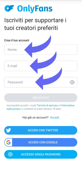 Form di iscrizione OnlyFans - inserimento dati personali per creare account