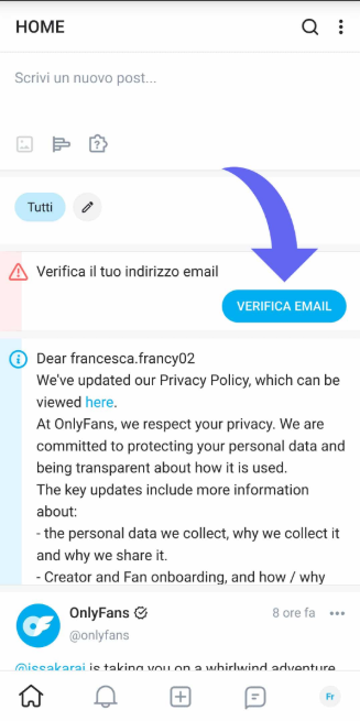 Email di conferma OnlyFans per attivare account creator