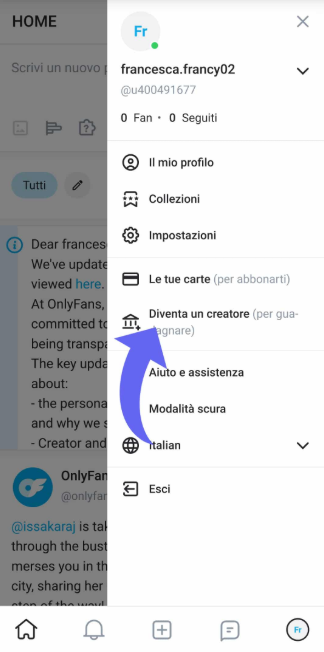 Impostazioni profilo OnlyFans - username e display name per creator