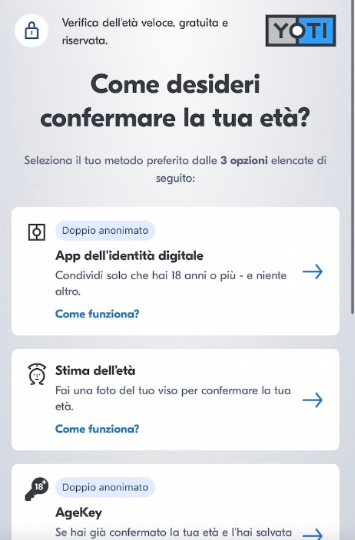Pagina di verifica età in italiano con tre opzioni: App dell'identità digitale, Stima dell’età, AgeKey.